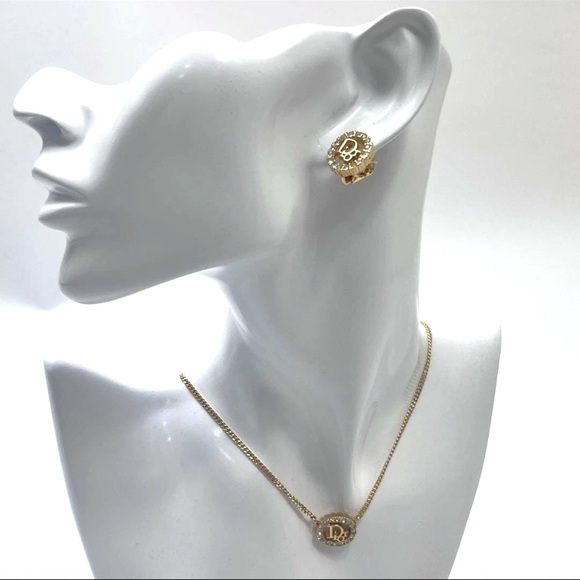 Christian Dior Gold Necklace & Clip-On Earrings Set Logo Design Vintage - Picture 1 of 17